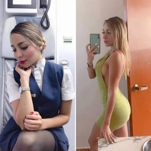 Hot Flight Attendants With And Without Their Uniforms