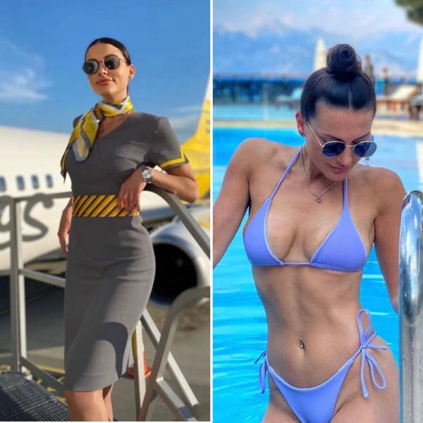 Hot Flight Attendants With And Without Their Uniforms