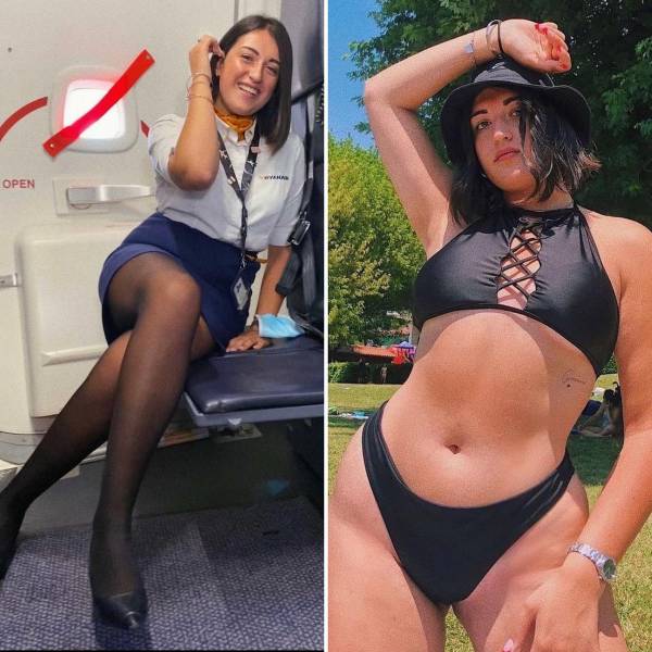 Hot Flight Attendants With And Without Their Uniforms