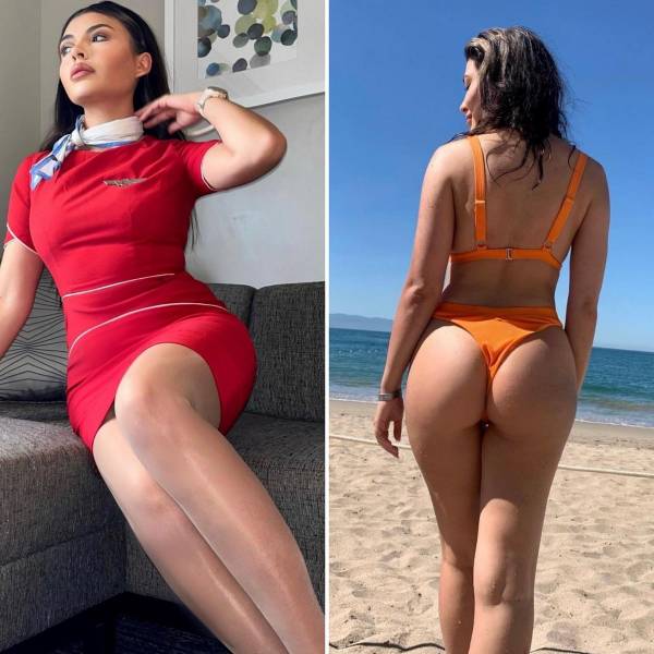 Hot Flight Attendants With And Without Their Uniforms
