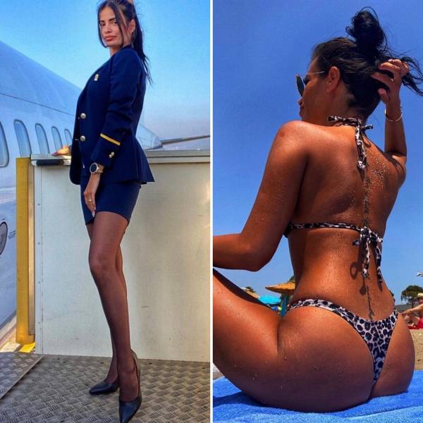 Hot Flight Attendants With And Without Their Uniforms