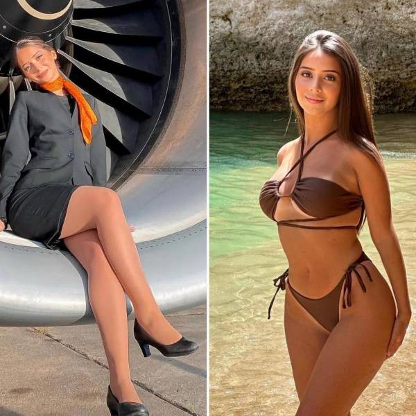 Hot Flight Attendants With And Without Their Uniforms