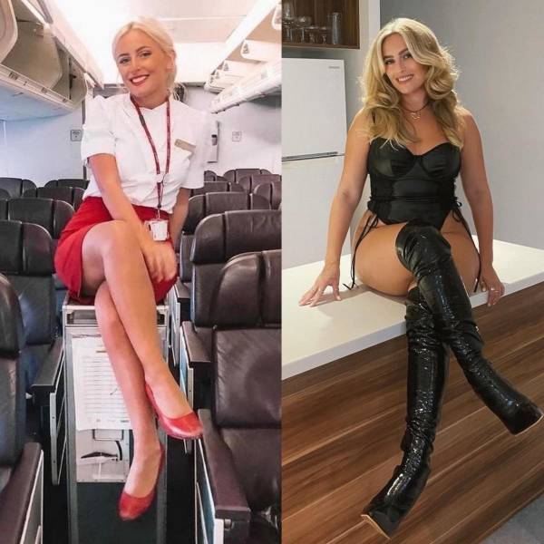 Hot Flight Attendants With And Without Their Uniforms