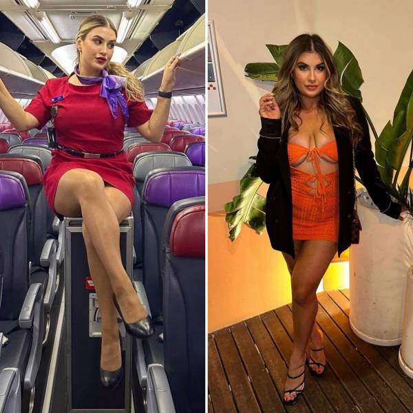 Hot Flight Attendants With And Without Their Uniforms