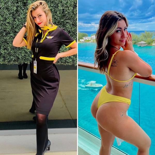 Hot Flight Attendants With And Without Their Uniforms