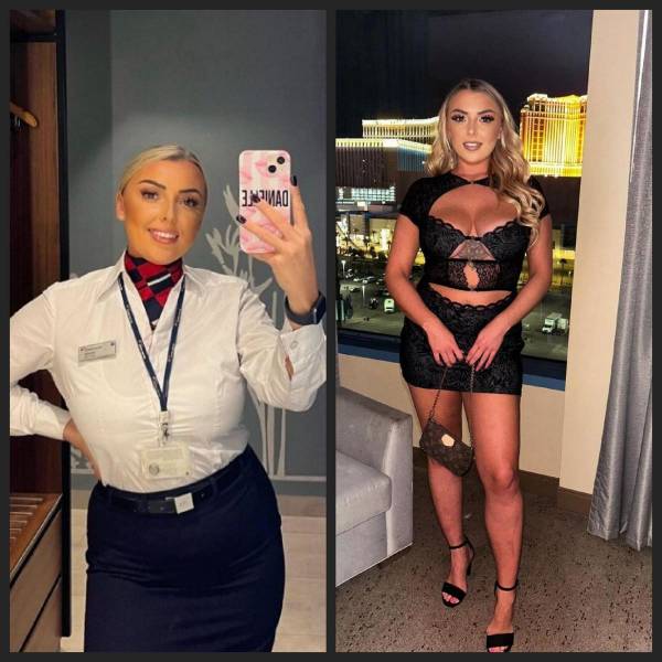 Hot Flight Attendants With And Without Their Uniforms