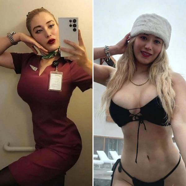 Hot Flight Attendants With And Without Their Uniforms