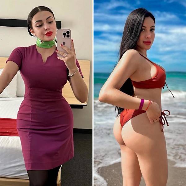 Hot Flight Attendants With And Without Their Uniforms