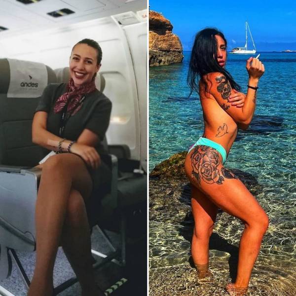 Hot Flight Attendants With And Without Their Uniforms