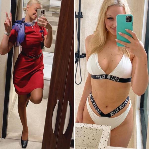 Hot Flight Attendants With And Without Their Uniforms