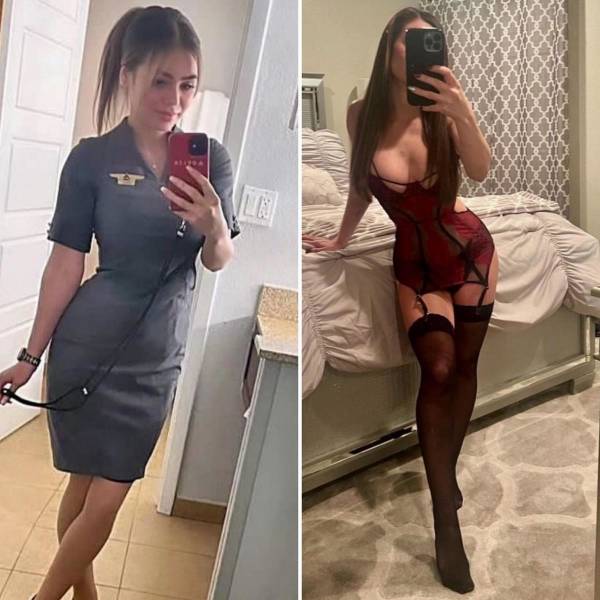 Hot Flight Attendants With And Without Their Uniforms