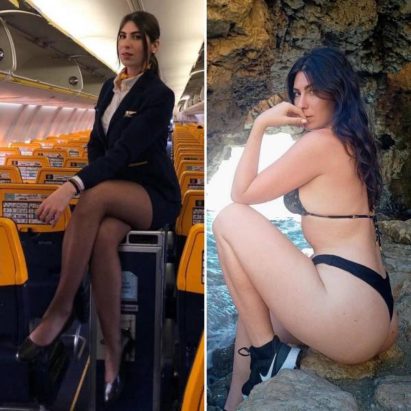 Hot Flight Attendants With And Without Their Uniforms