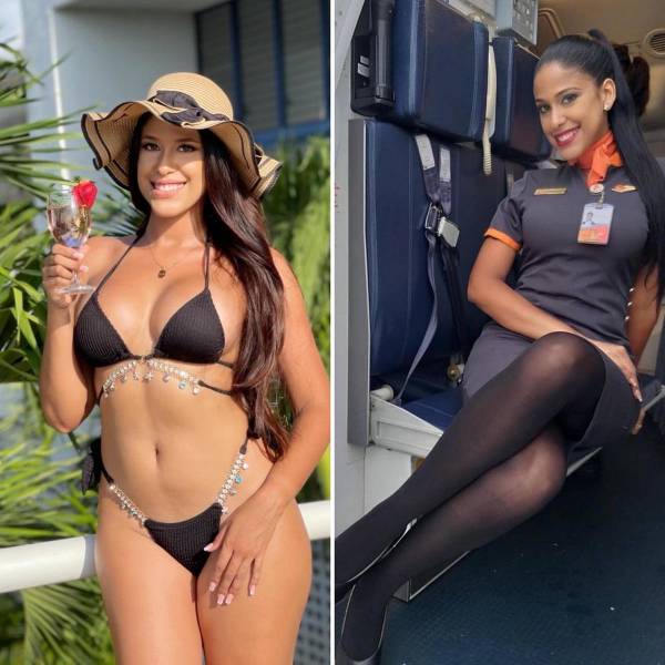 Hot Flight Attendants With And Without Their Uniforms