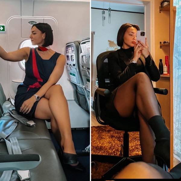 Hot Flight Attendants With And Without Their Uniforms