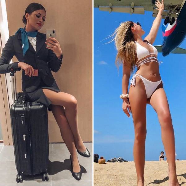 Hot Flight Attendants With And Without Their Uniforms