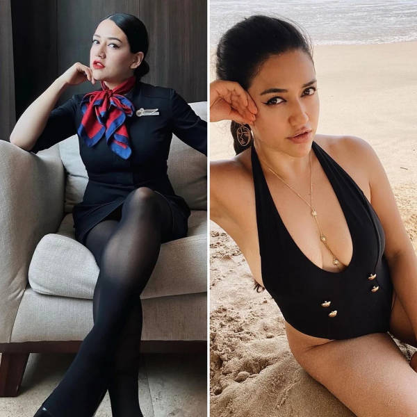 Hot Flight Attendants With And Without Their Uniforms