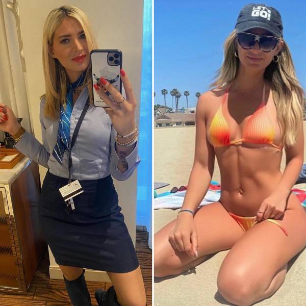 Hot Flight Attendants With And Without Their Uniforms