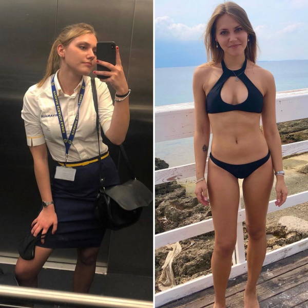 Hot Flight Attendants With And Without Their Uniforms