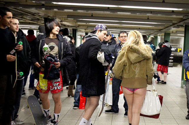 Subway Commuters Get into the Spirit of “No Pants Day”